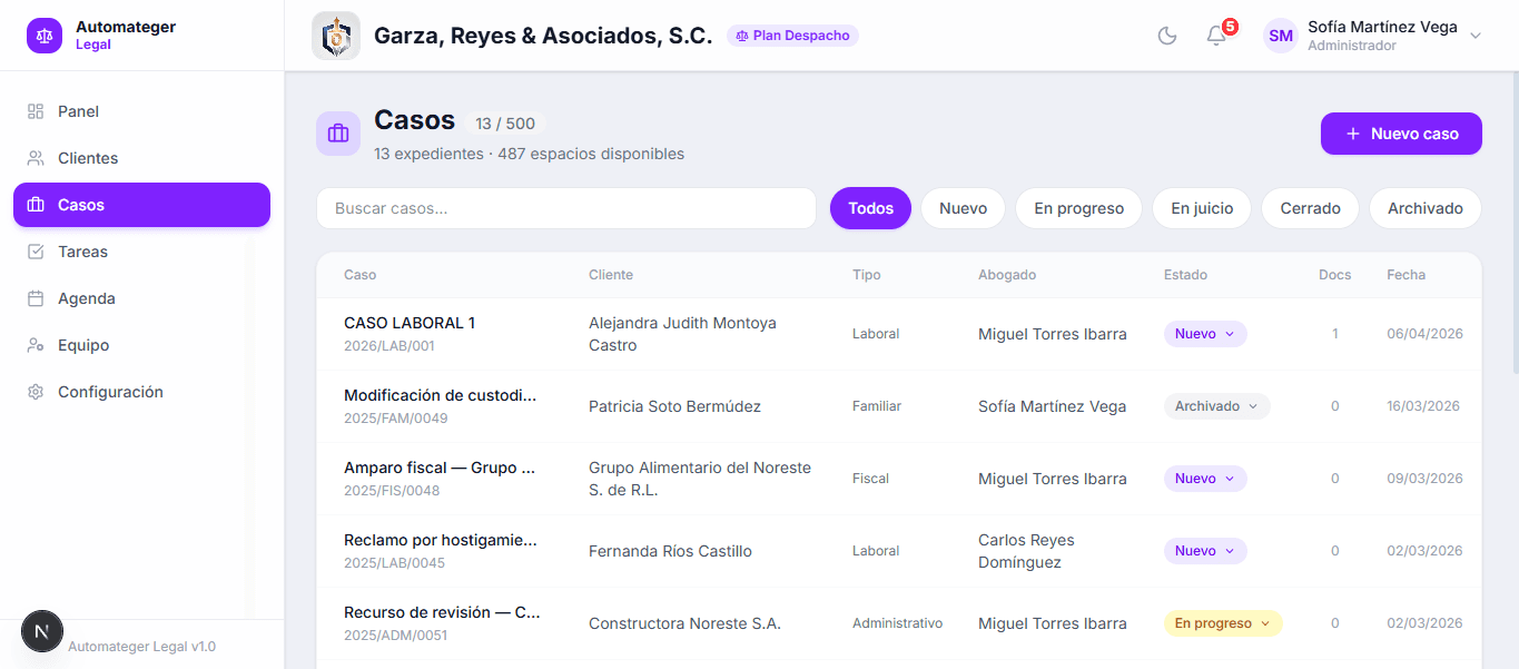 Lista de casos con filtros por estado en Automateger Legal