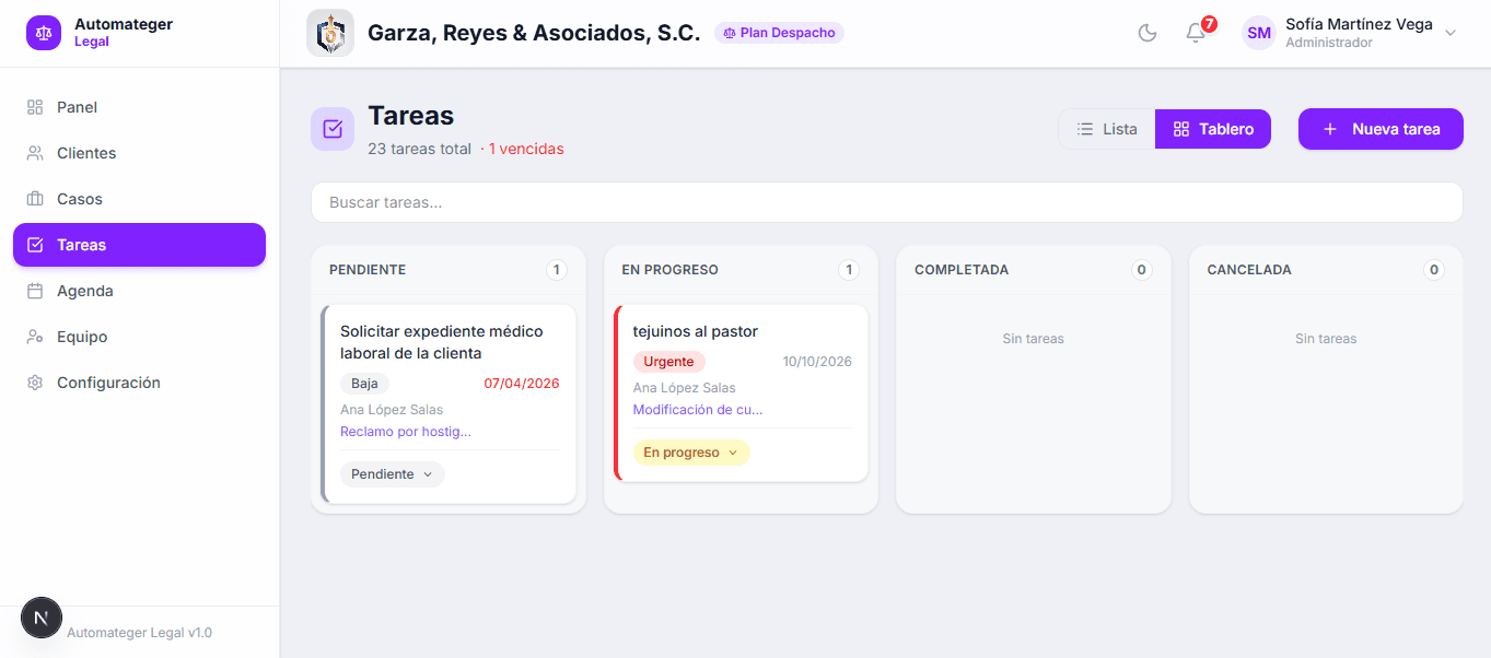 Tablero Kanban de tareas por estado en Automateger Legal
